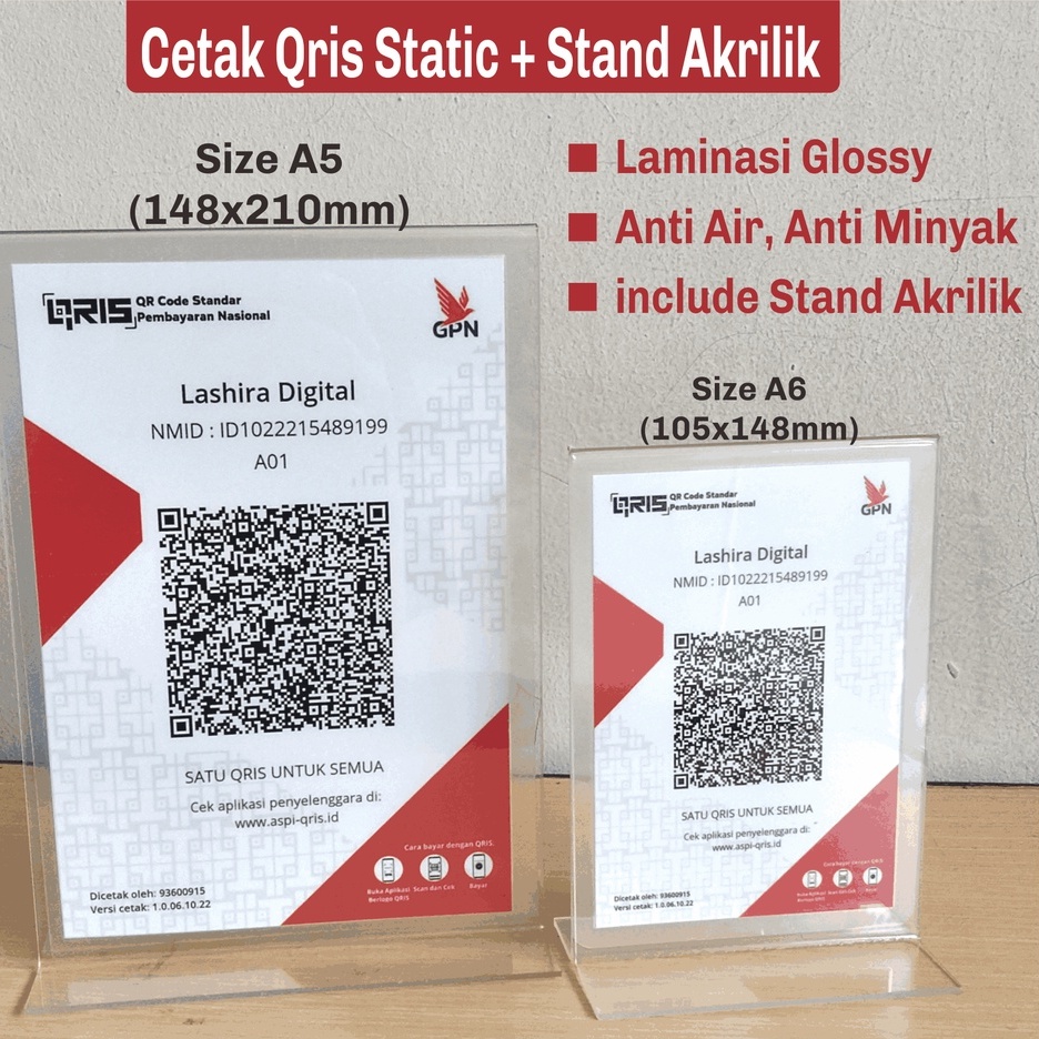 Paket Cetak QRIS dan Stand Akrilik A5 A6